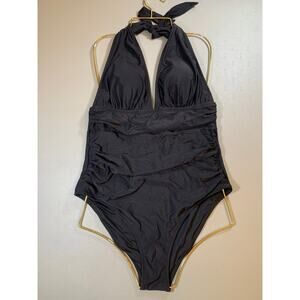 NWT Cupshe Black Halter One Piece Swimsuit Sz Large | Deep V Ruched Bathing Suit